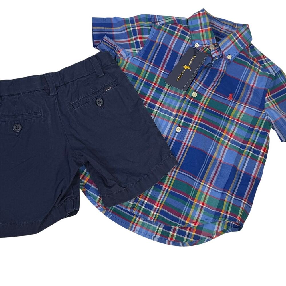 Ralph Lauren Boys 2T Plaid Button Down Shirt & Khaki Shorts Outfit Set NWT